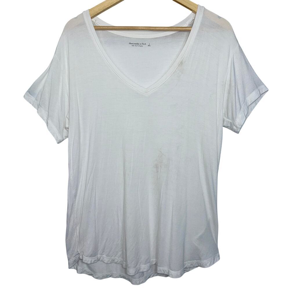 Abercrombie & Fitch Soft AF Drapey White Knit V-Neck Short Sleeve T-Shirt Size L